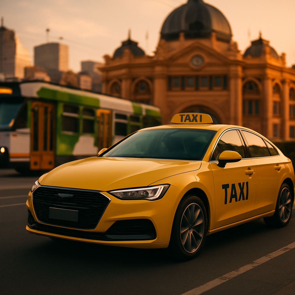 A taxi cab on a Melbourne city street at golden hour